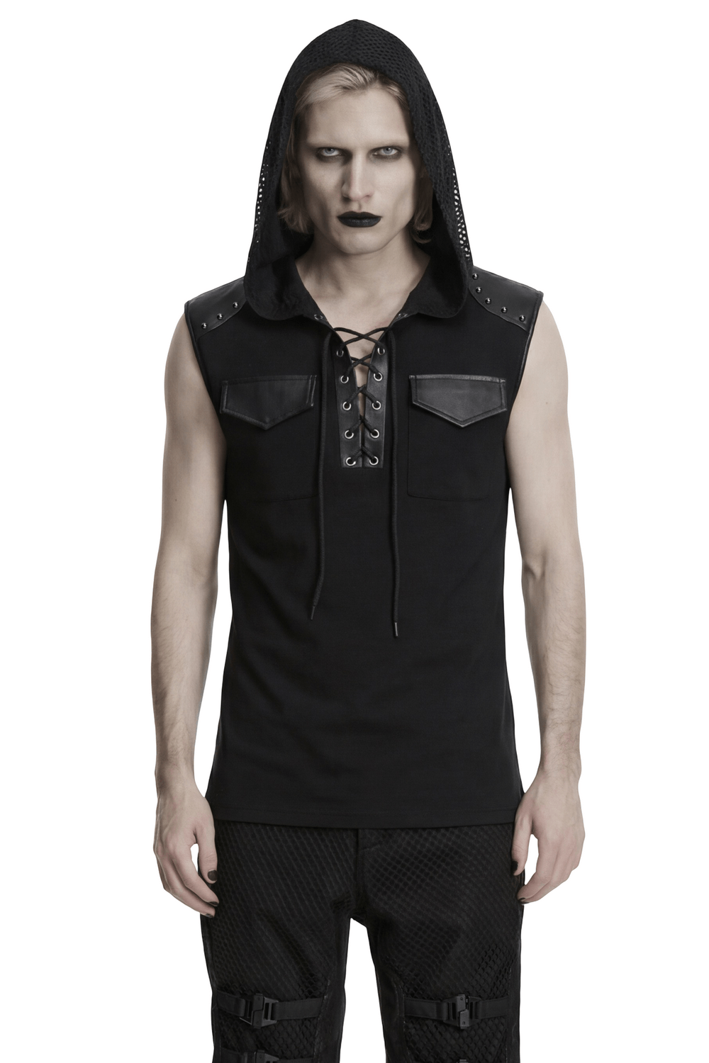 Black Goth Sleeveless Hooded Top With Lace-Up Front