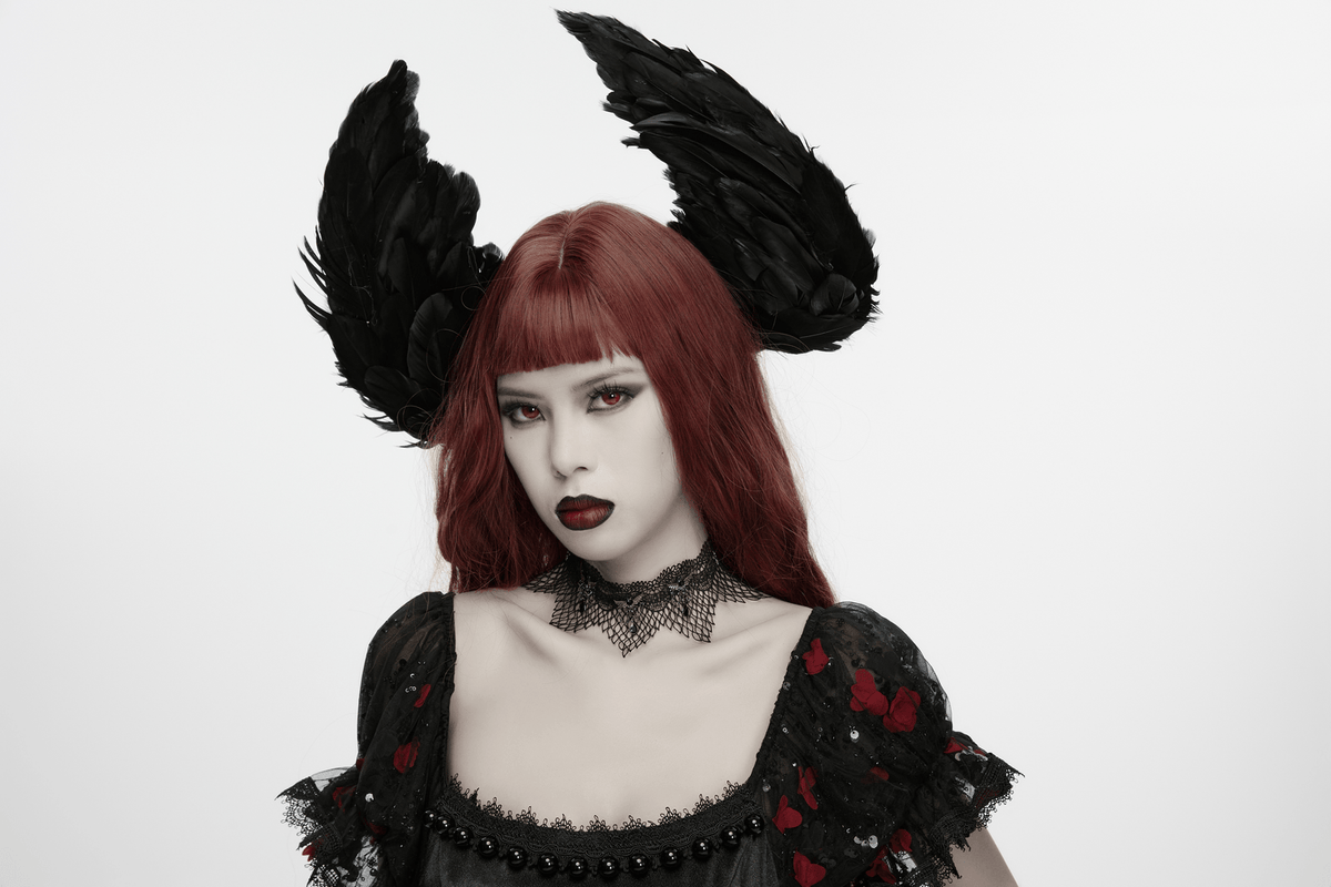 Black Gothic Bat Wing Lace Choker with Crystal Drops