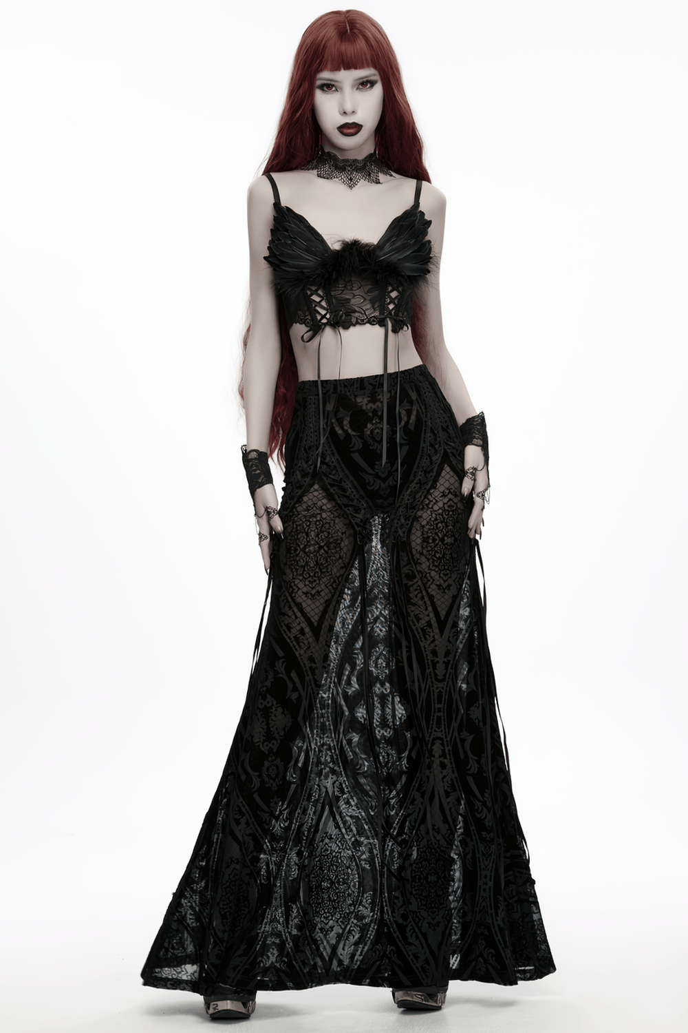 Black Gothic Bat Wing Lace Choker with Crystal Drops