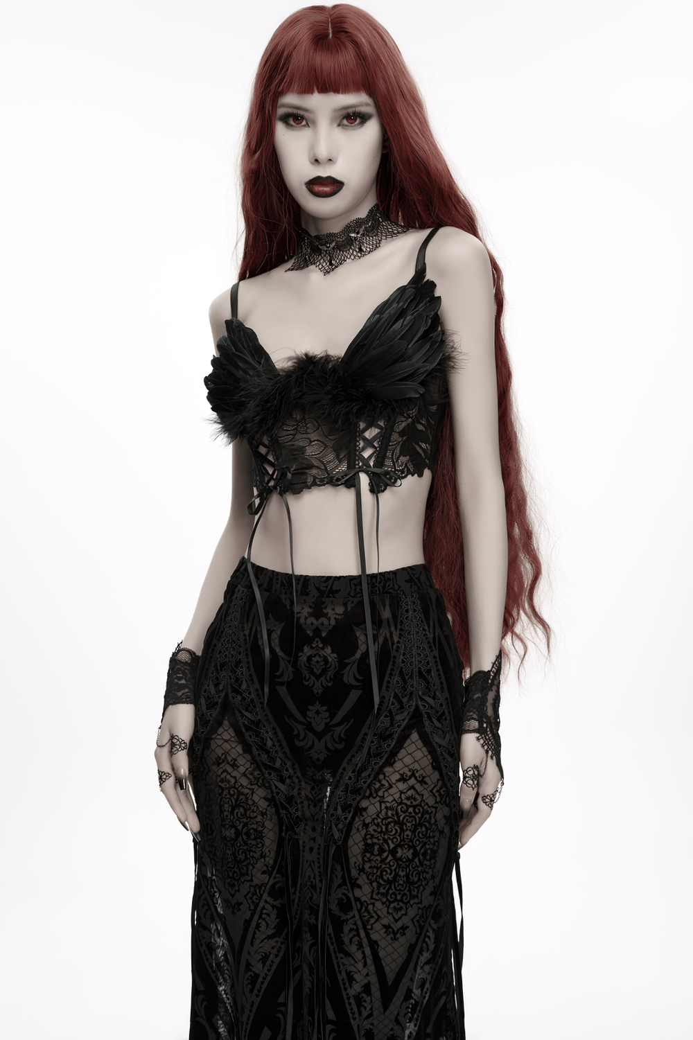 Black Gothic Bat Wing Lace Choker with Crystal Drops