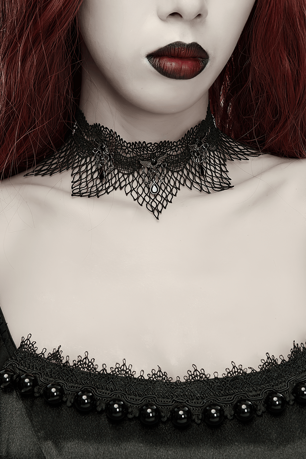 Black Gothic Bat Wing Lace Choker with Crystal Drops