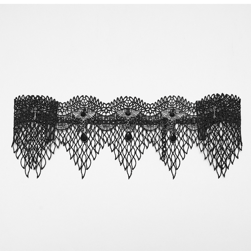 Black Gothic Bat Wing Lace Choker with Crystal Drops