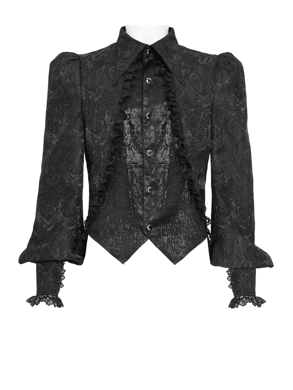Black Gothic Brocade Shirt with Ruffles and Lace