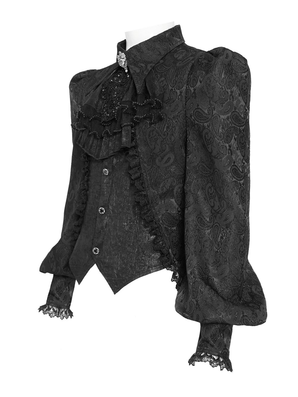 Black Gothic Brocade Shirt with Ruffles and Lace