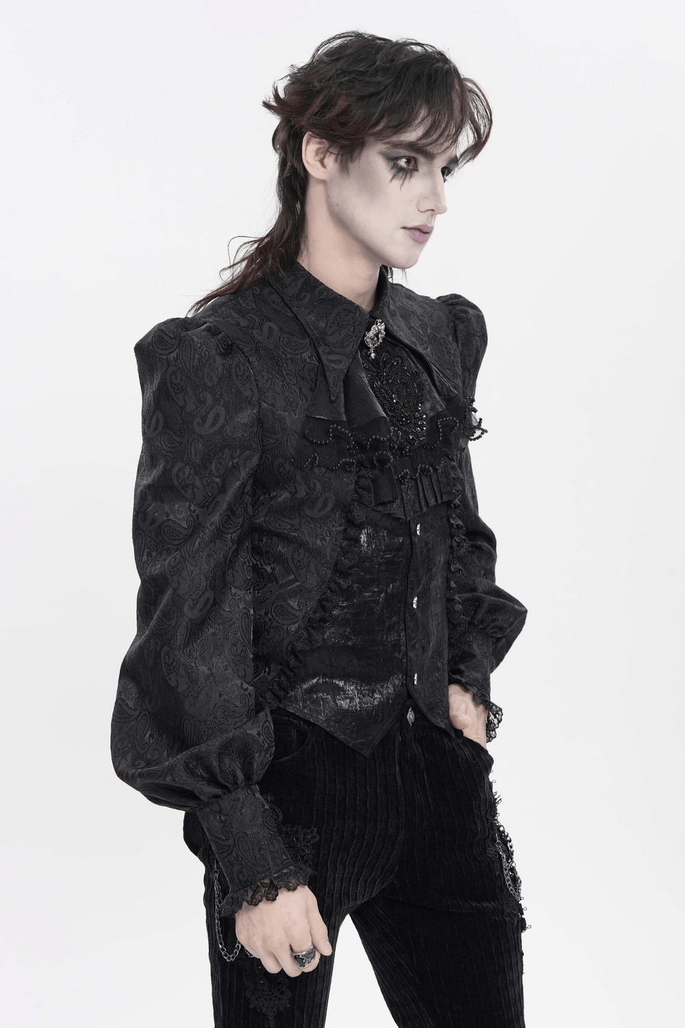 Black Gothic Brocade Shirt with Ruffles and Lace