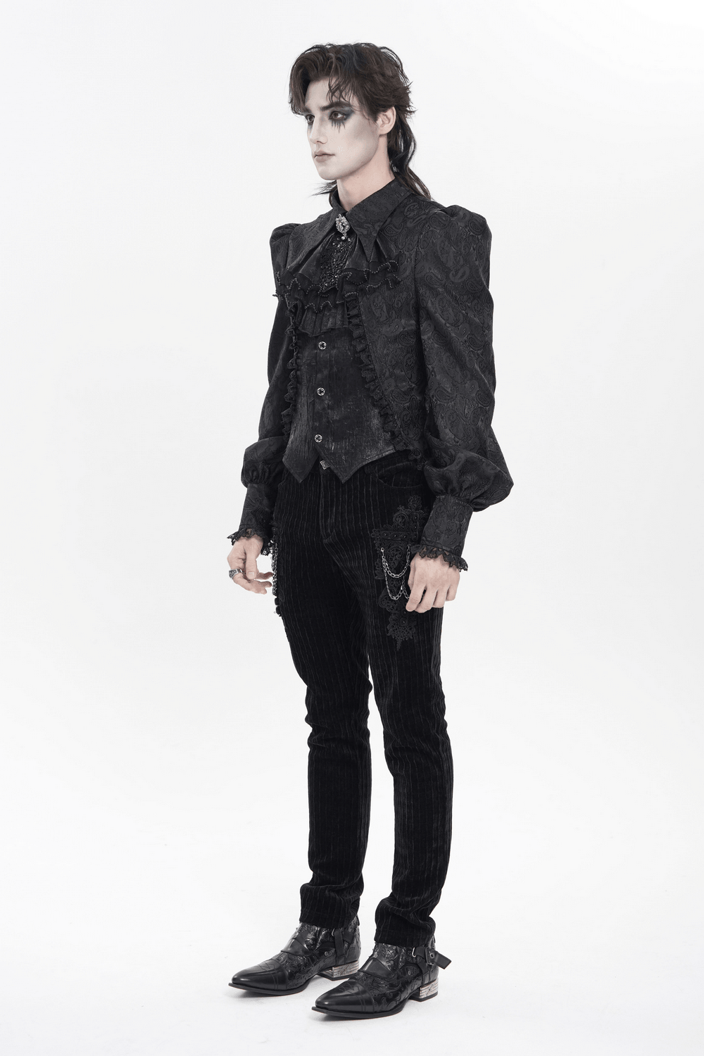 Black Gothic Brocade Shirt with Ruffles and Lace