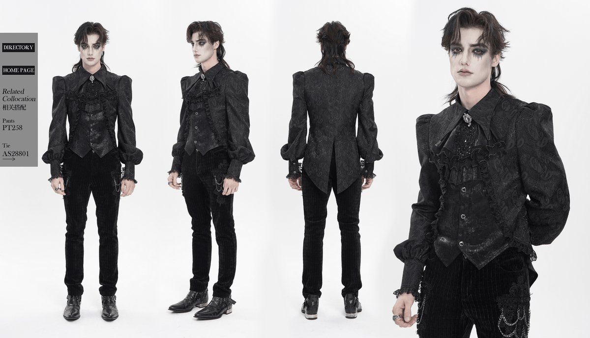 Black Gothic Brocade Shirt with Ruffles and Lace
