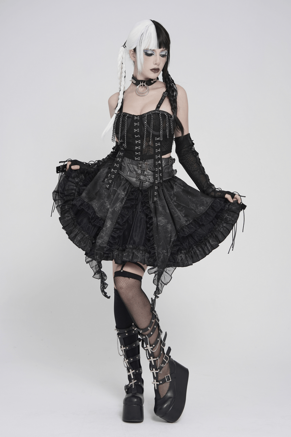 Black Gothic Chain Bustier Top with Lace Up Back