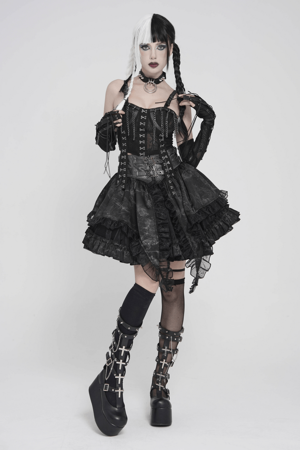 Black Gothic Chain Bustier Top with Lace Up Back