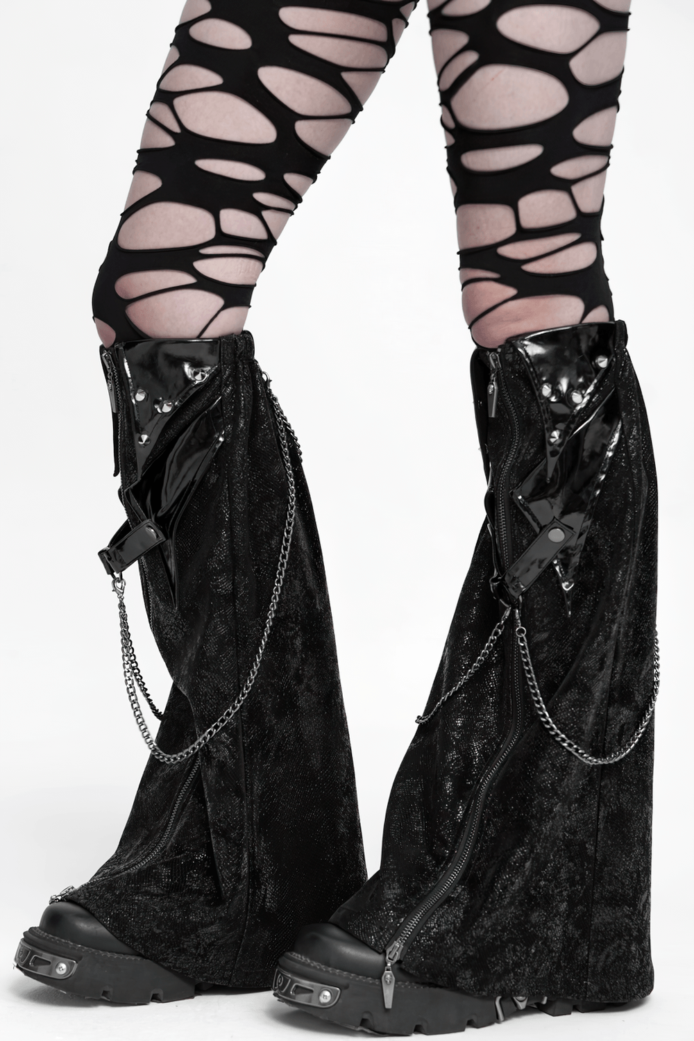 Black Gothic Chain Gaiters with Zippers and Spikes
