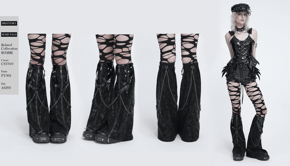 Black Gothic Chain Gaiters with Zippers and Spikes
