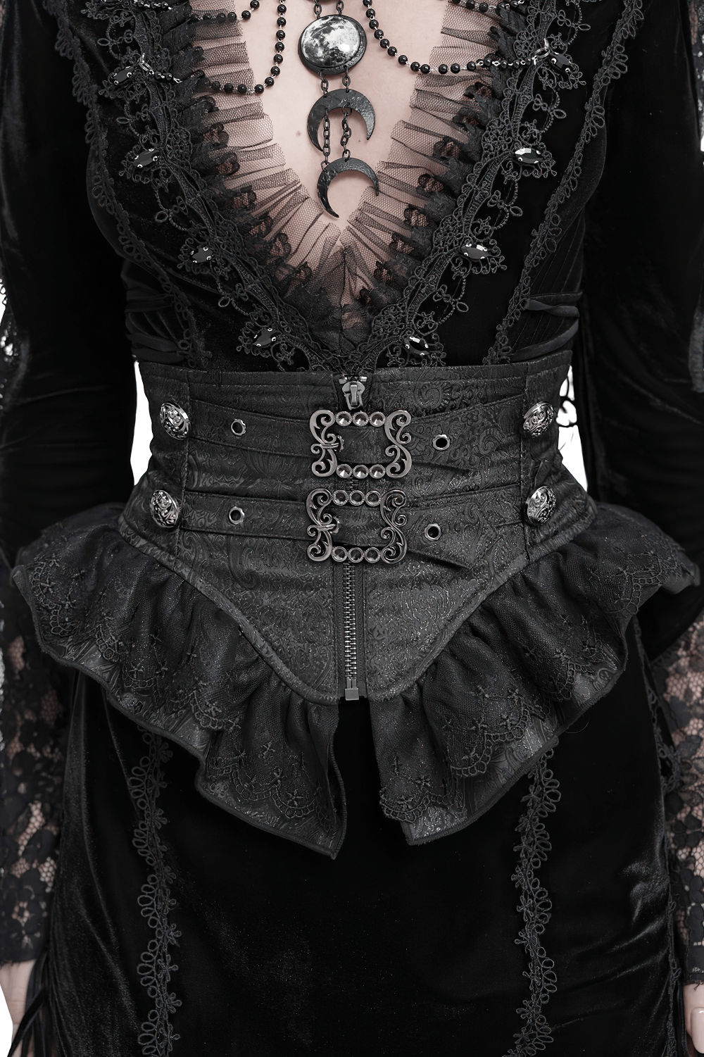 Black Gothic Corset Belt with Ruffles and Buckles
