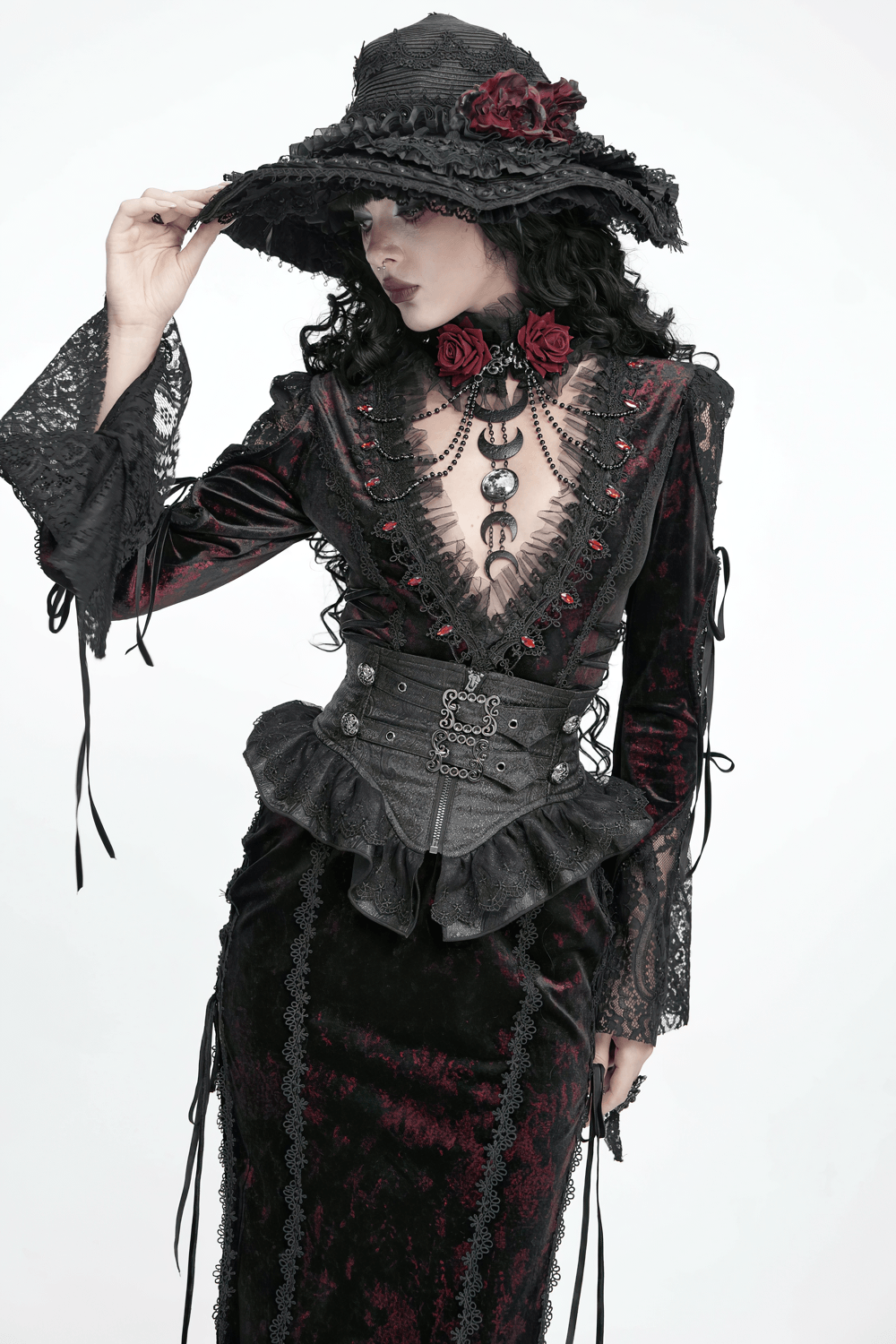 Black Gothic Corset Belt with Ruffles and Buckles