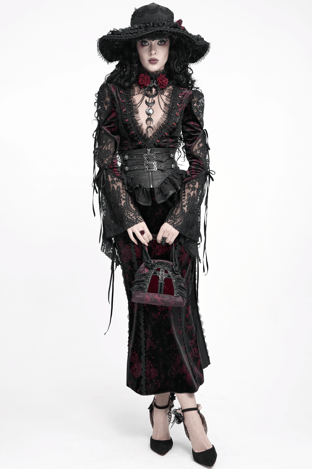 Black Gothic Corset Belt with Ruffles and Buckles