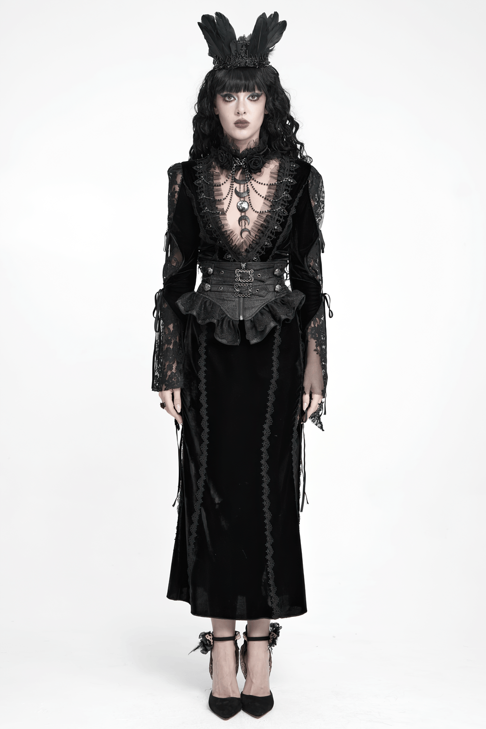 Black Gothic Corset Belt with Ruffles and Buckles