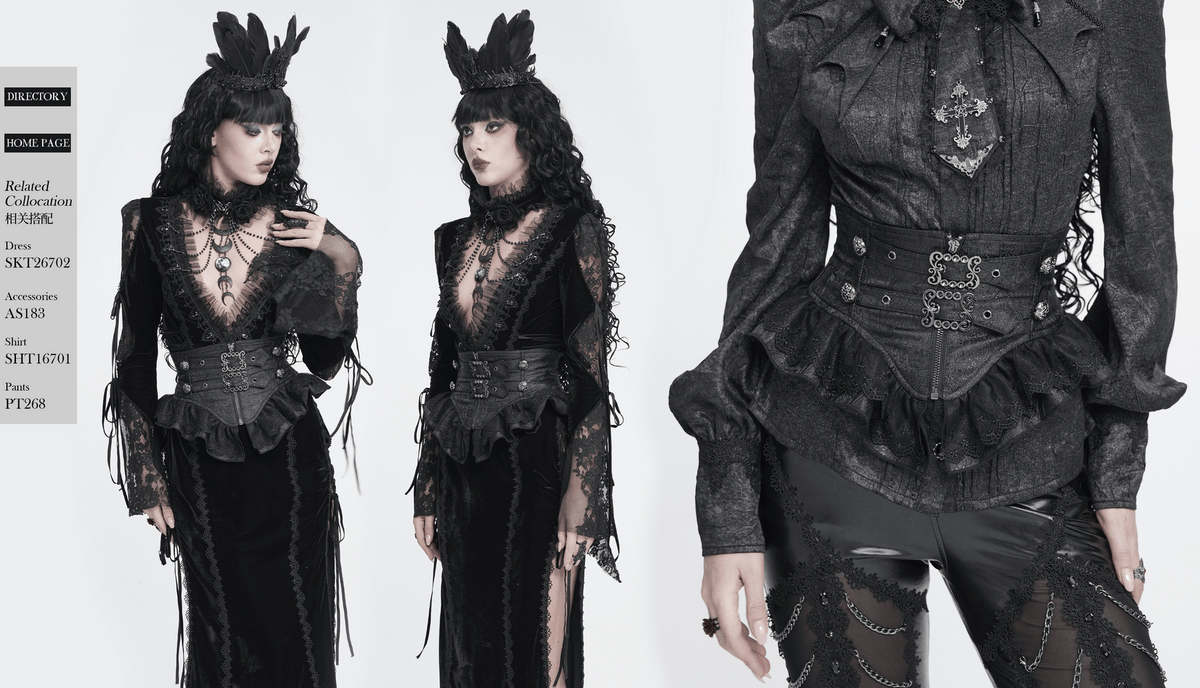 Black Gothic Corset Belt with Ruffles and Buckles