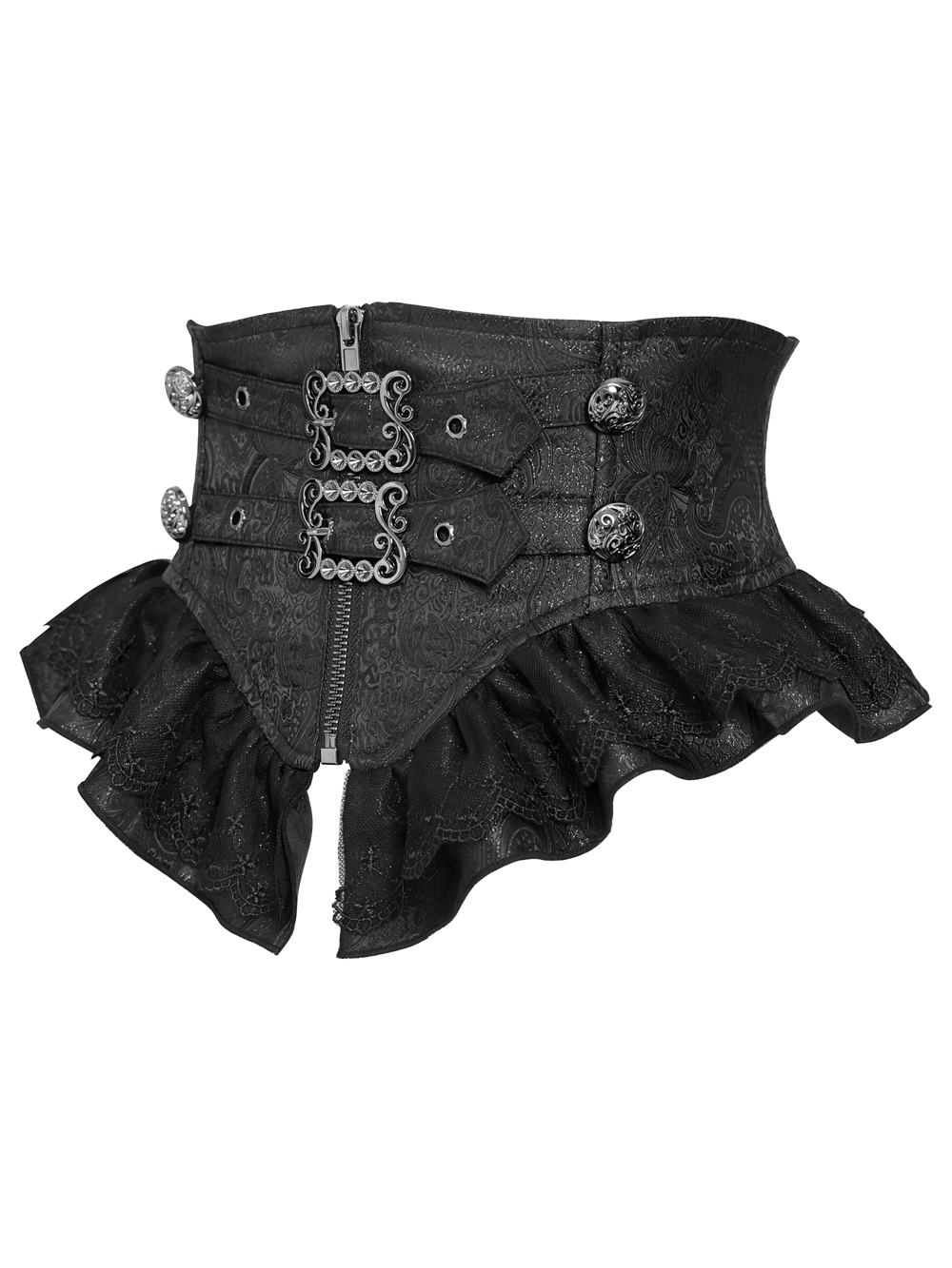 Black Gothic Corset Belt with Ruffles and Buckles