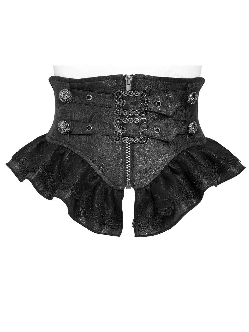Black Gothic Corset Belt with Ruffles and Buckles