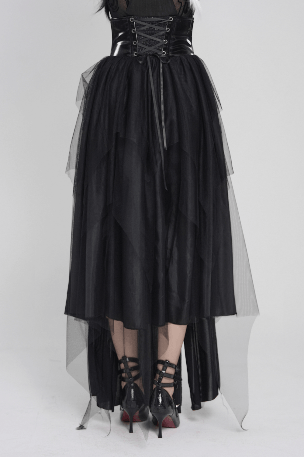Black Gothic Corset Waist Mesh Maxi Skirt for Women