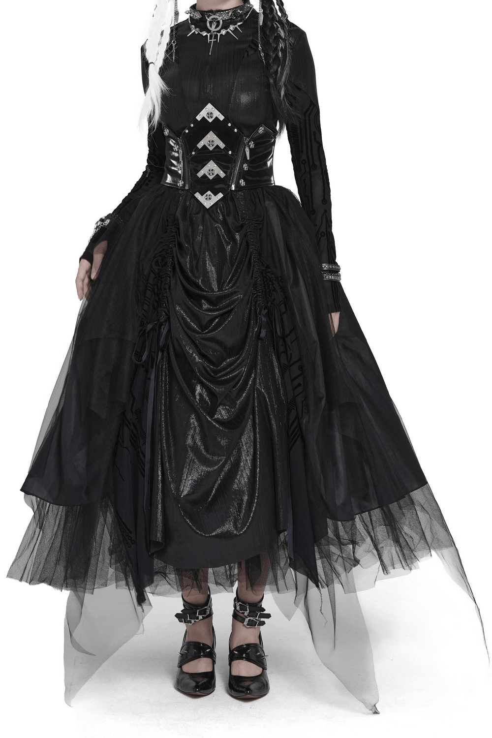 Black Gothic Corset Waist Mesh Maxi Skirt for Women