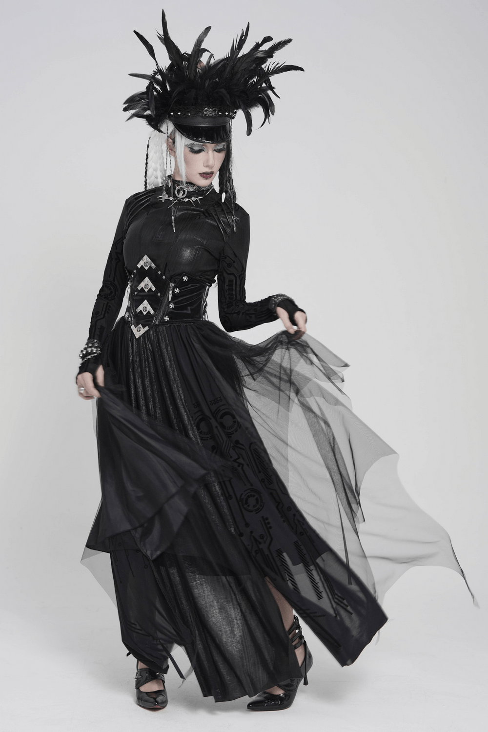 Black Gothic Corset Waist Mesh Maxi Skirt for Women