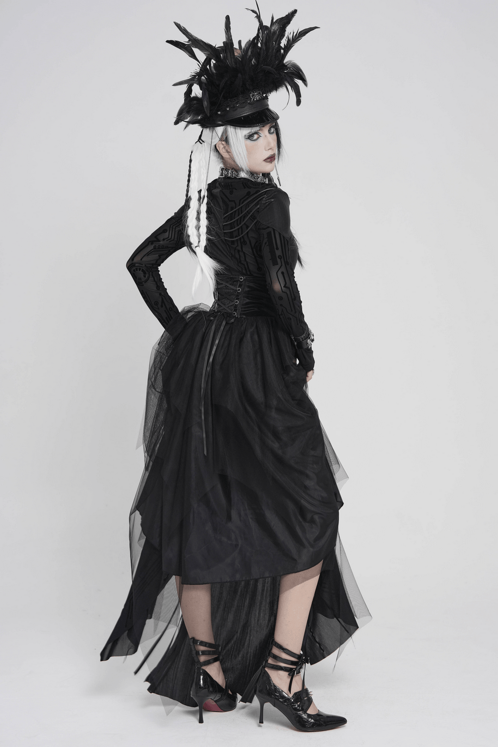 Black Gothic Corset Waist Mesh Maxi Skirt for Women