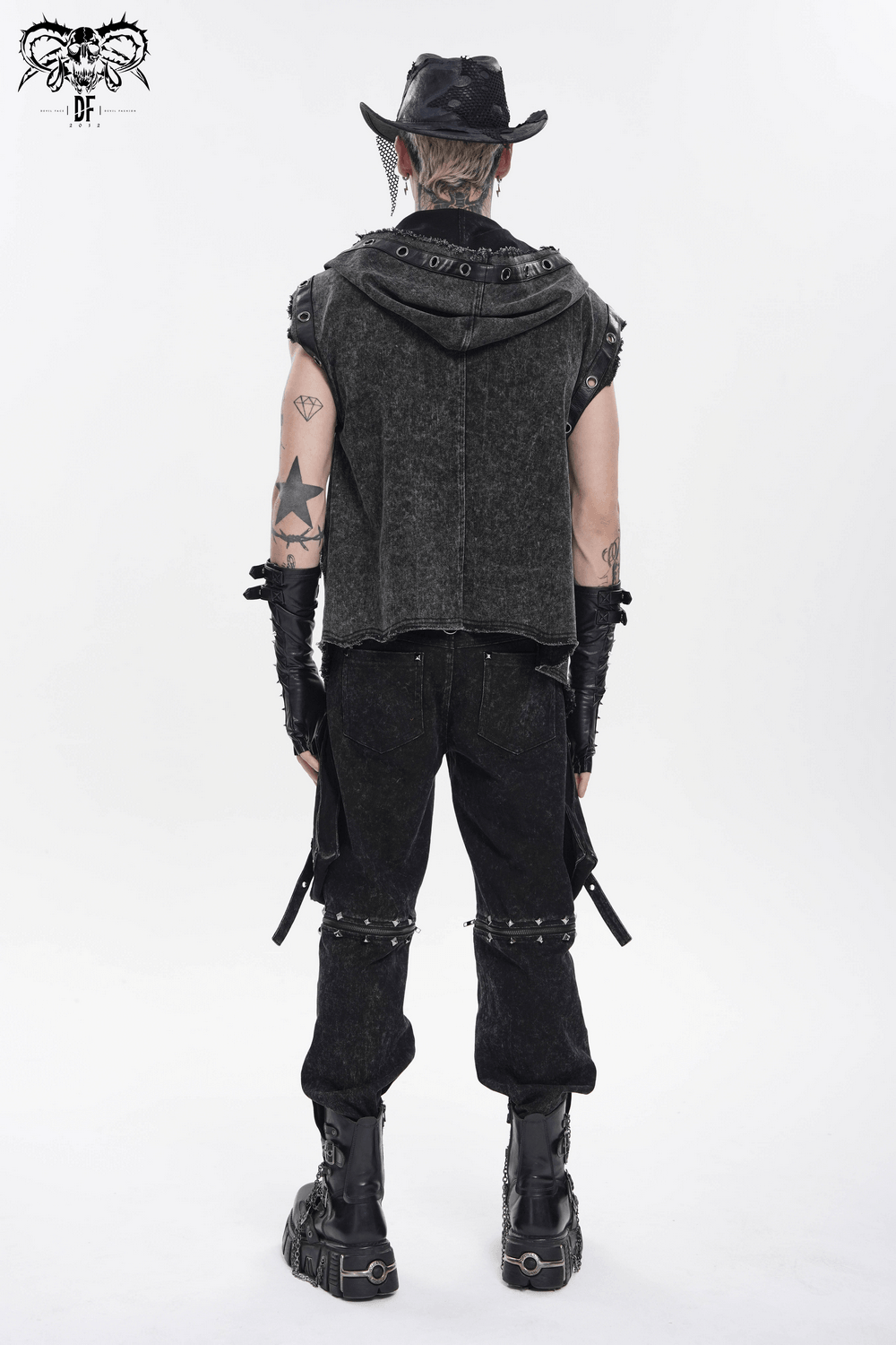 Black Gothic Cowboy Hat with Distressed Mesh Patch Details
