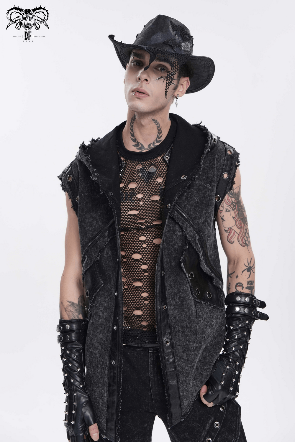 Black Gothic Cowboy Hat with Distressed Mesh Patch Details