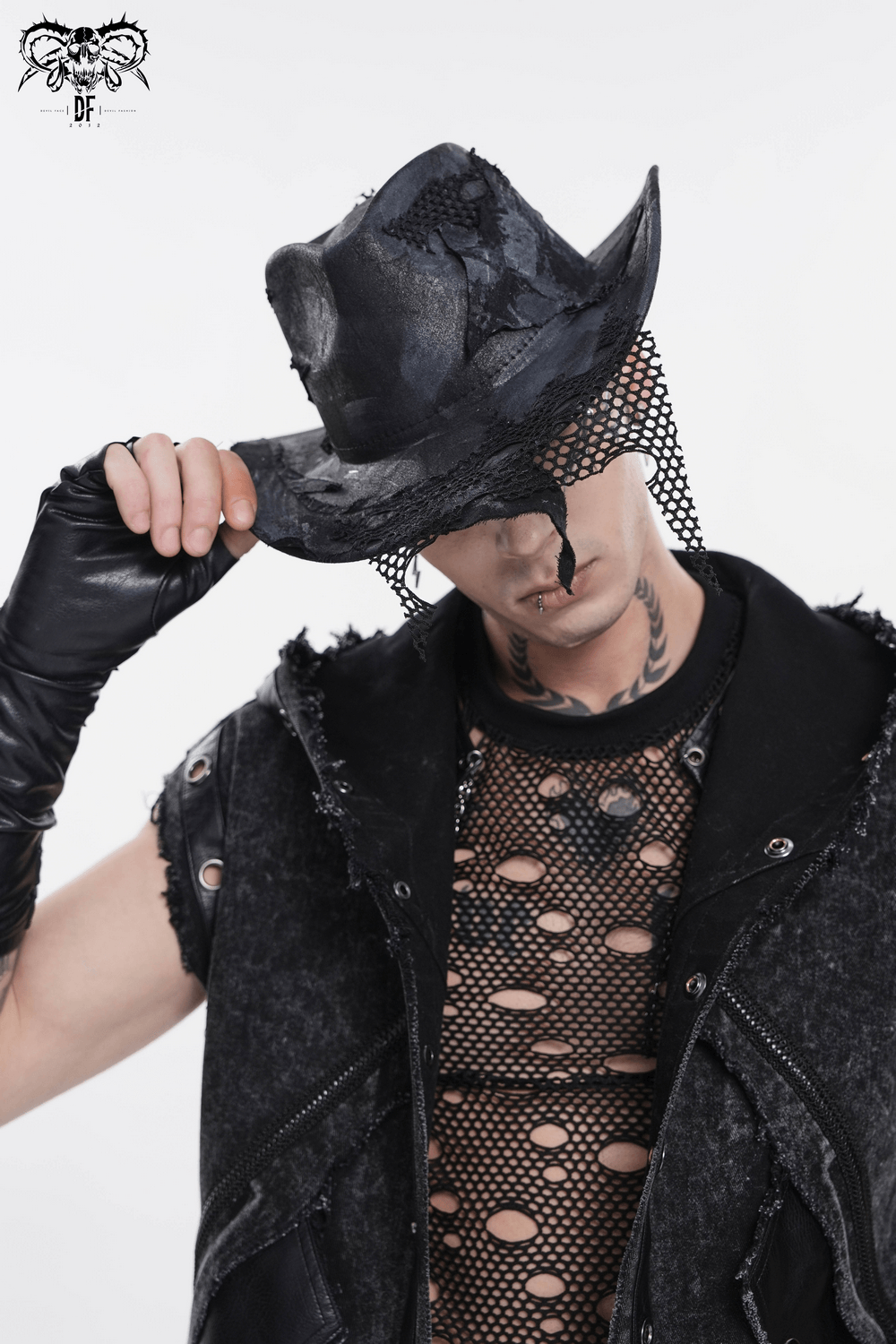 Black Gothic Cowboy Hat with Distressed Mesh Patch Details