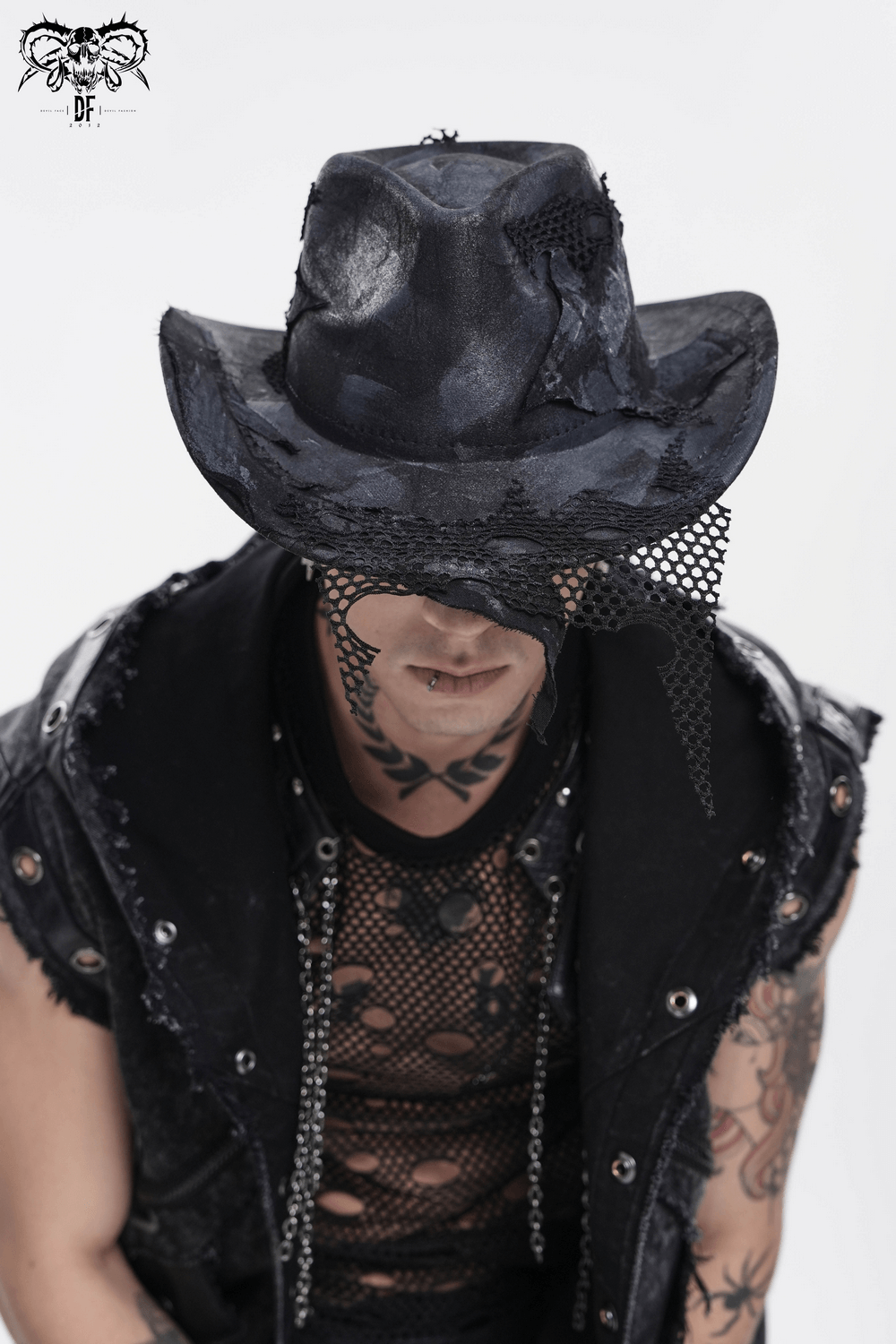 Black Gothic Cowboy Hat with Distressed Mesh Patch Details