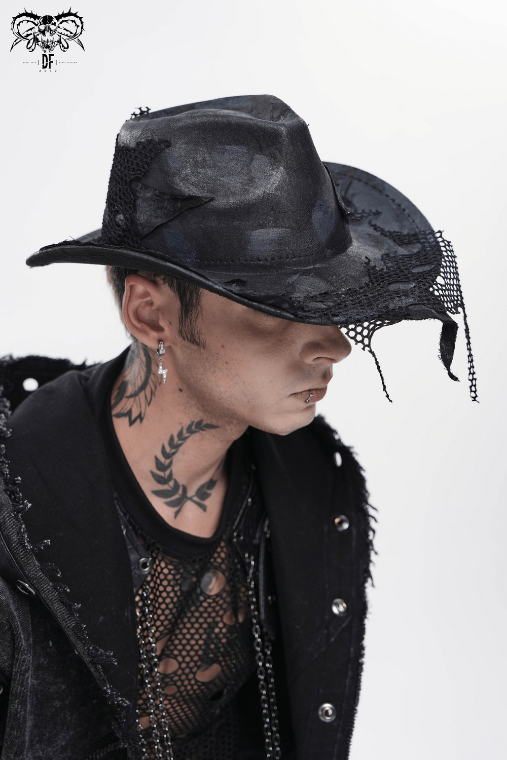 Black Gothic Cowboy Hat with Distressed Mesh Patch Details