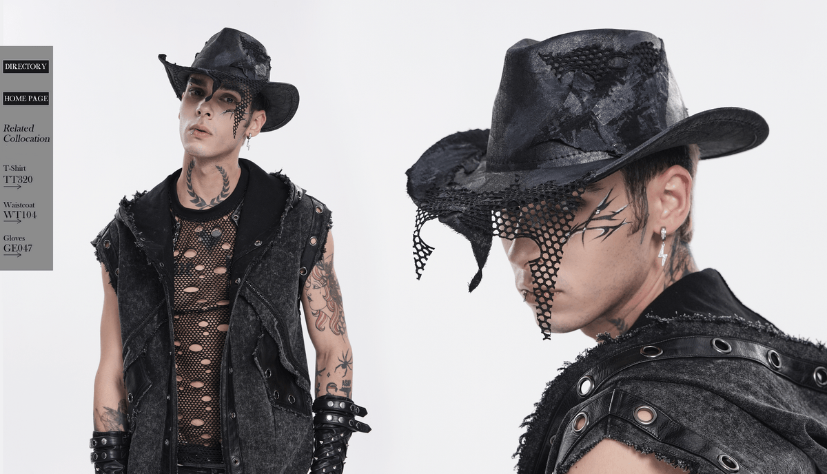 Black Gothic Cowboy Hat with Distressed Mesh Patch Details