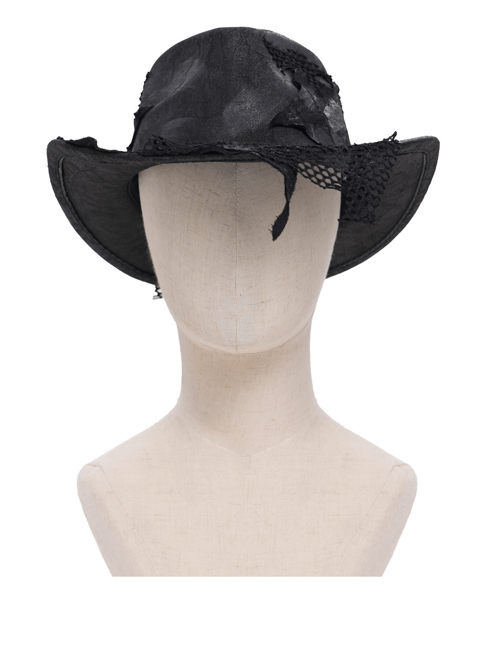Black Gothic Cowboy Hat with Distressed Mesh Patch Details