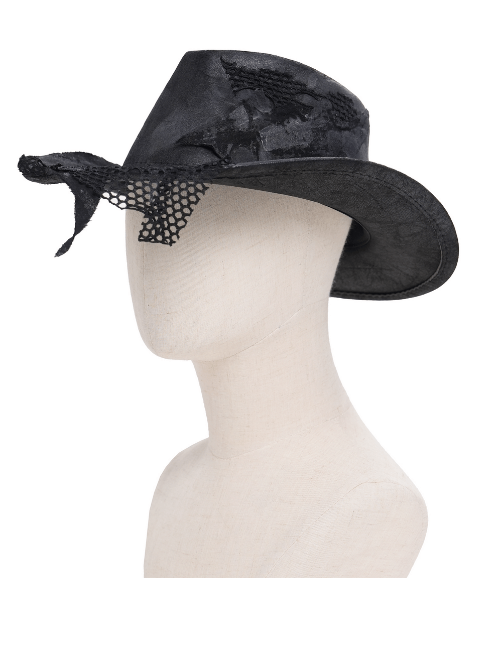 Black Gothic Cowboy Hat with Distressed Mesh Patch Details