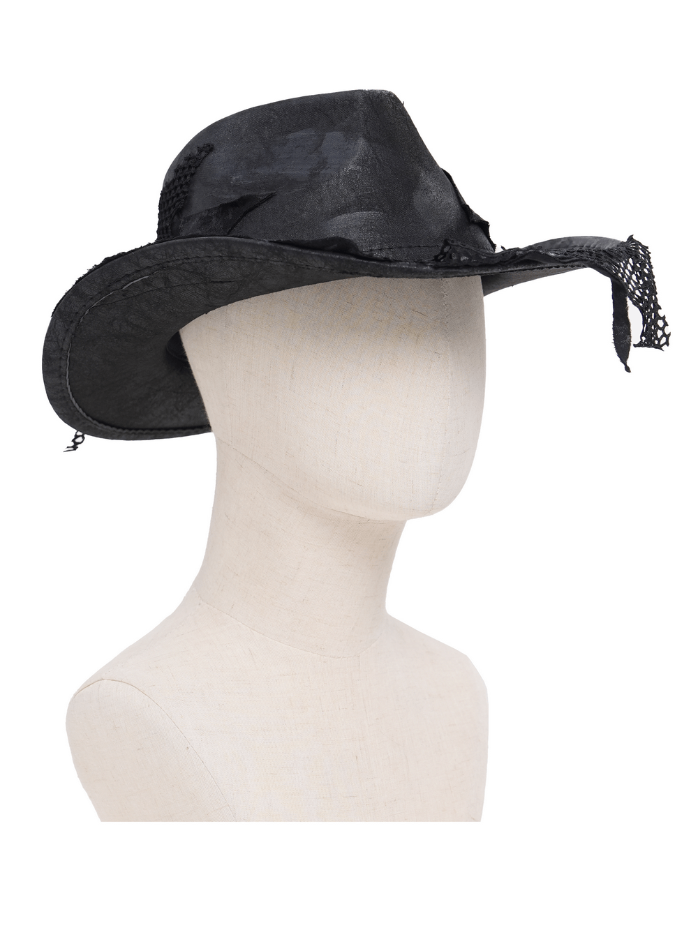 Black Gothic Cowboy Hat with Distressed Mesh Patch Details