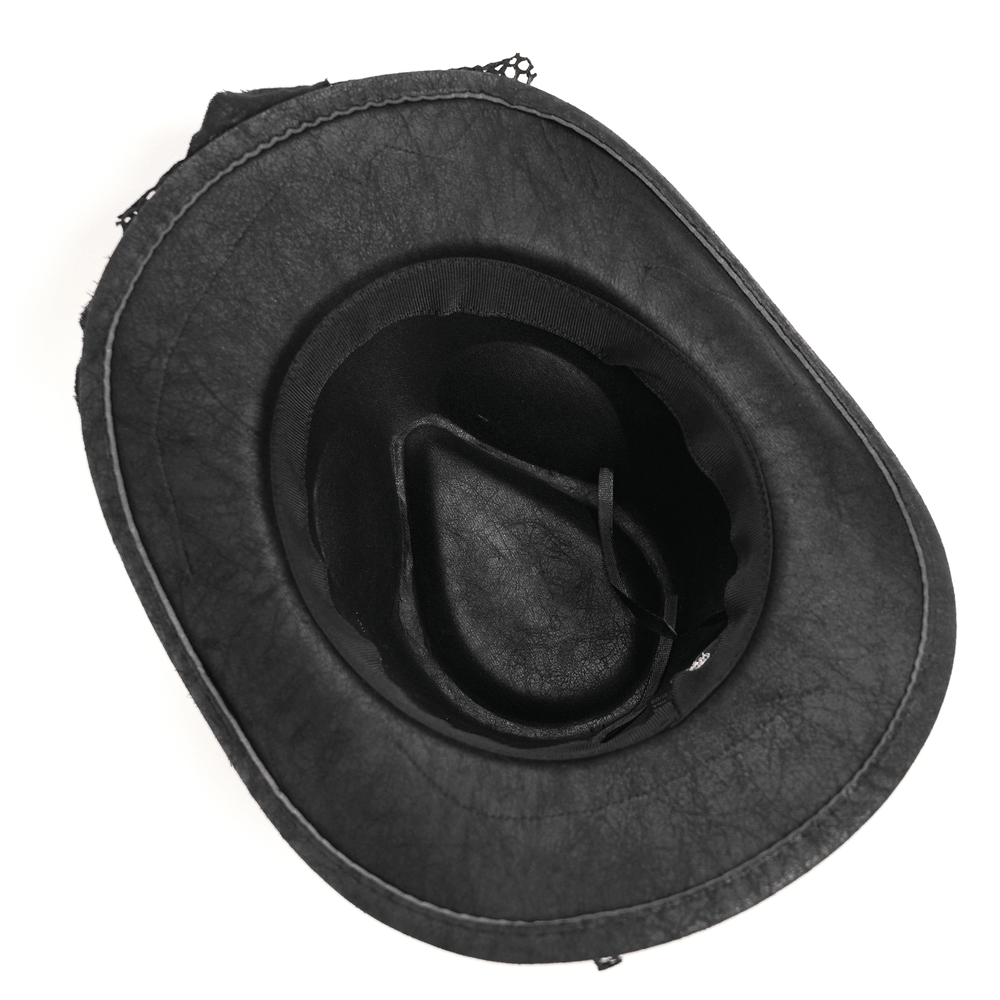 Black Gothic Cowboy Hat with Distressed Mesh Patch Details