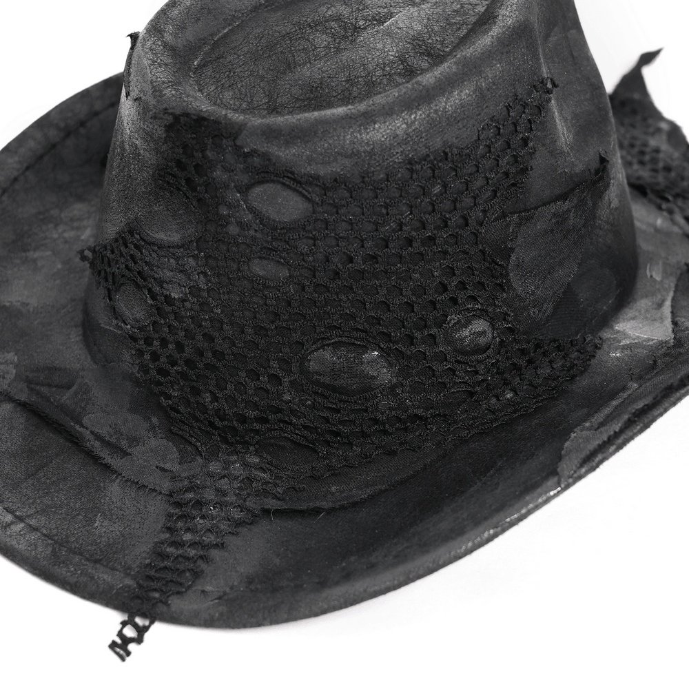 Black Gothic Cowboy Hat with Distressed Mesh Patch Details