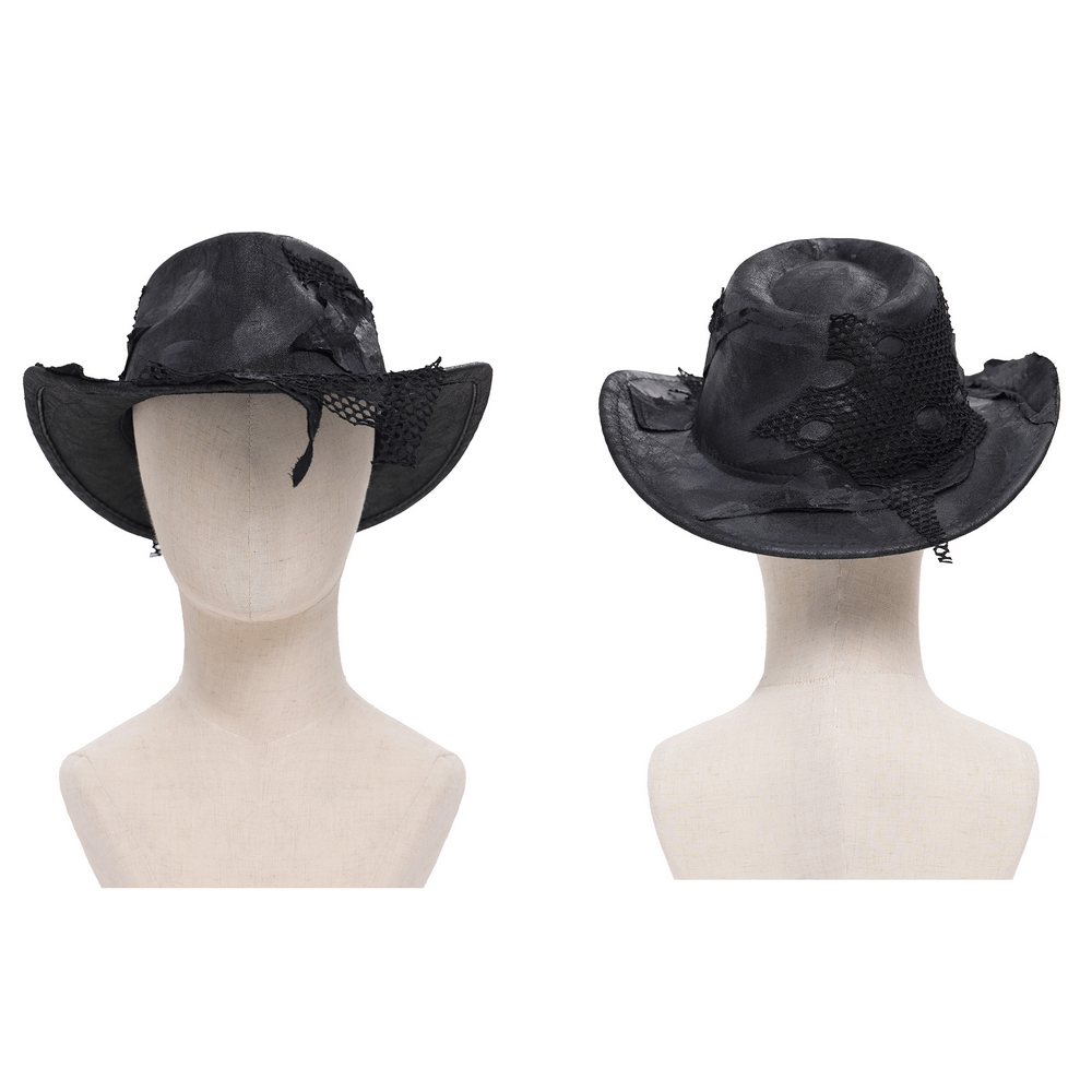 Black Gothic Cowboy Hat with Distressed Mesh Patch Details