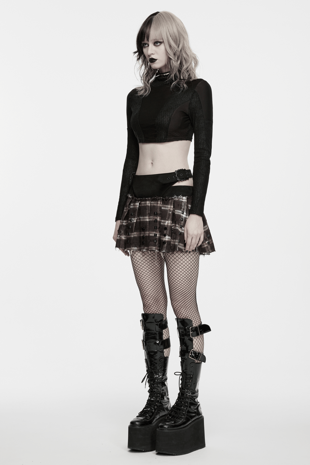 Black Gothic Cropped Top with Sheer Panel Details
