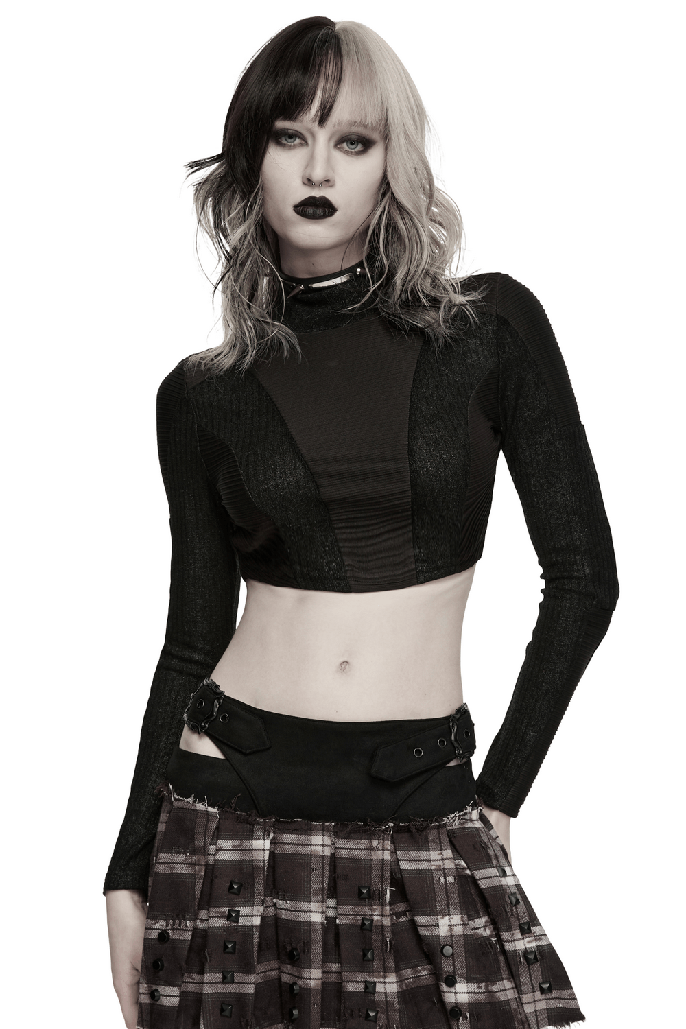 Black Gothic Cropped Top with Sheer Panel Details