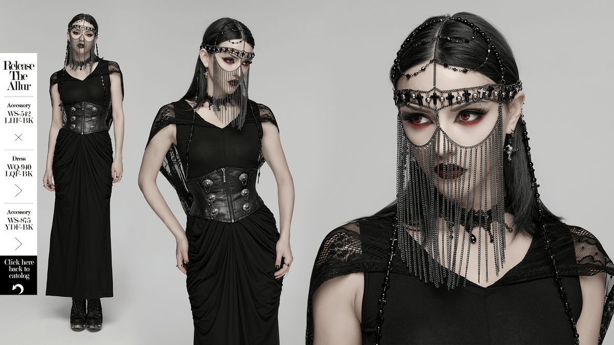 Black Gothic Cross Tassel Chain Headpiece and Face Veil
