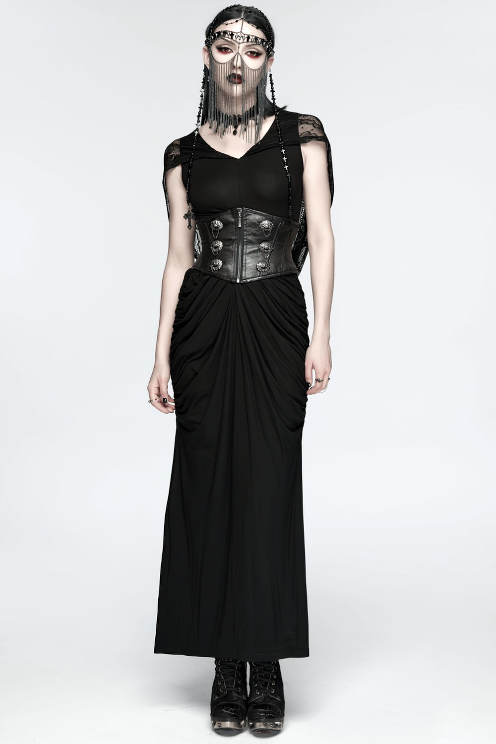 Black Gothic Cross Tassel Chain Headpiece and Face Veil