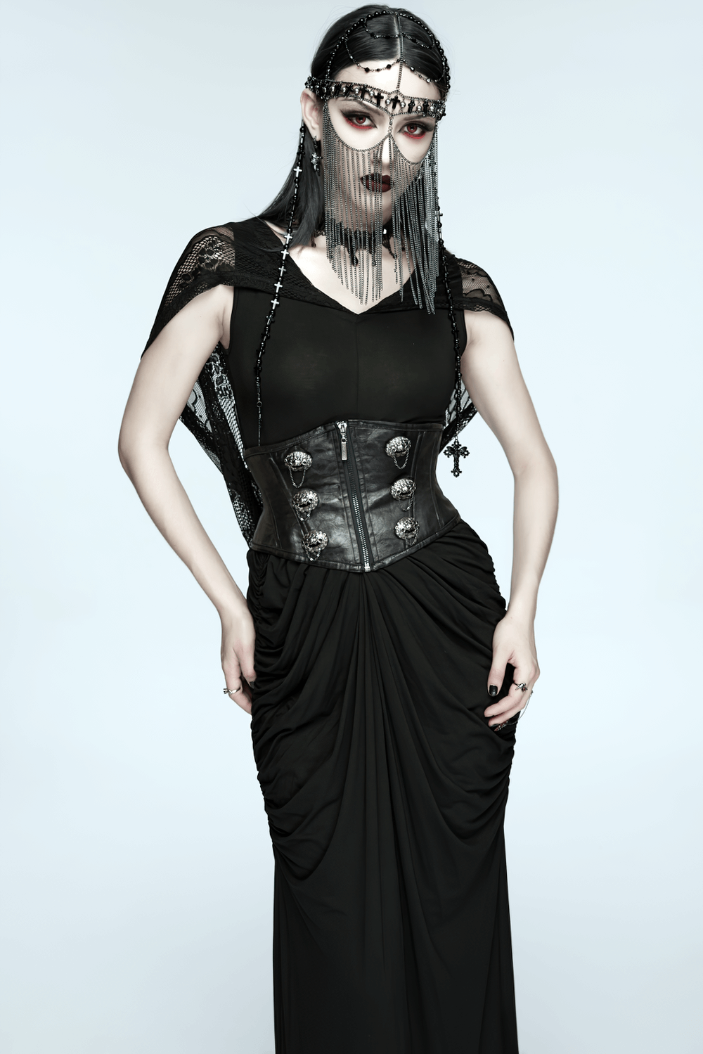 Black Gothic Cross Tassel Chain Headpiece and Face Veil