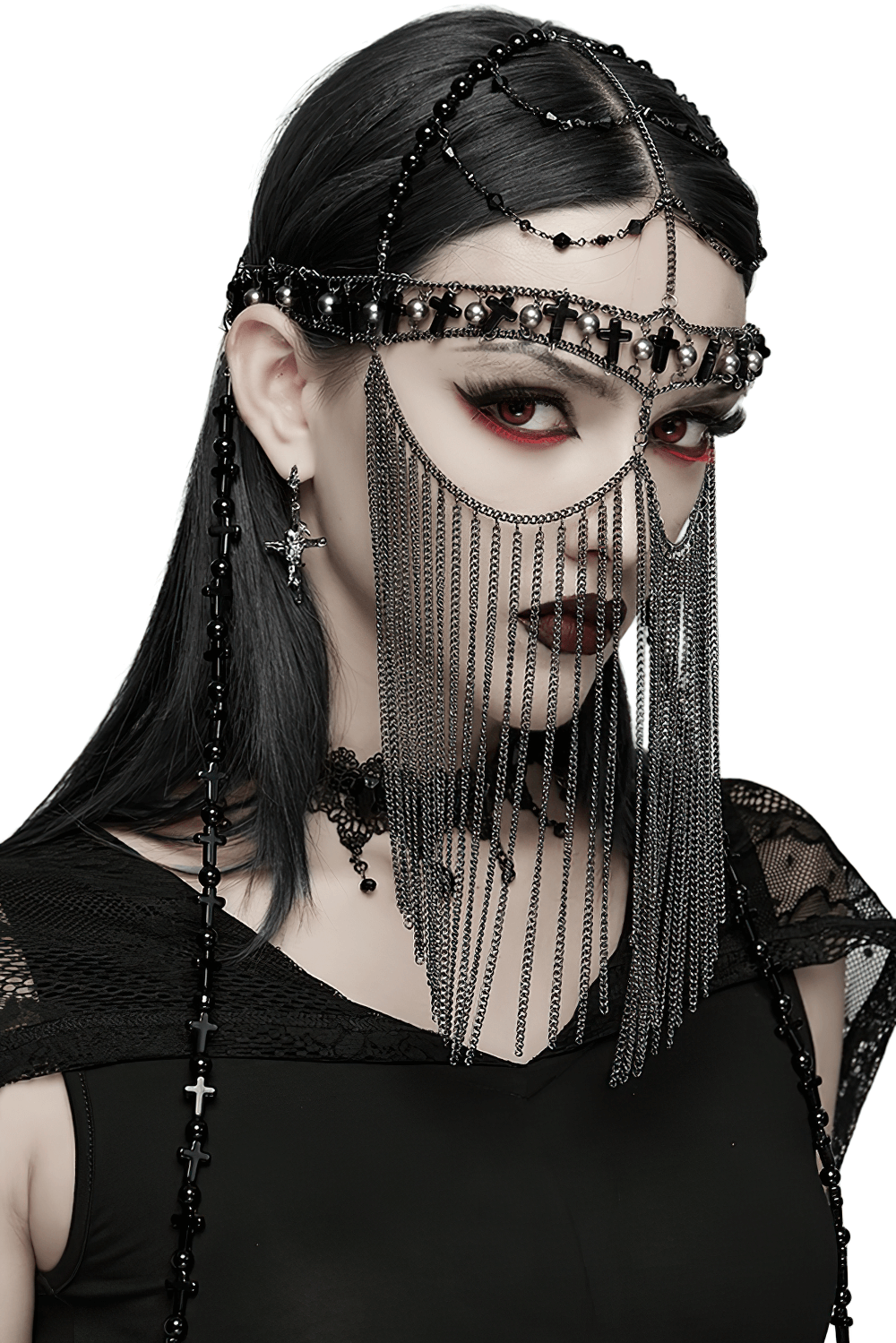 Black Gothic Cross Tassel Chain Headpiece and Face Veil