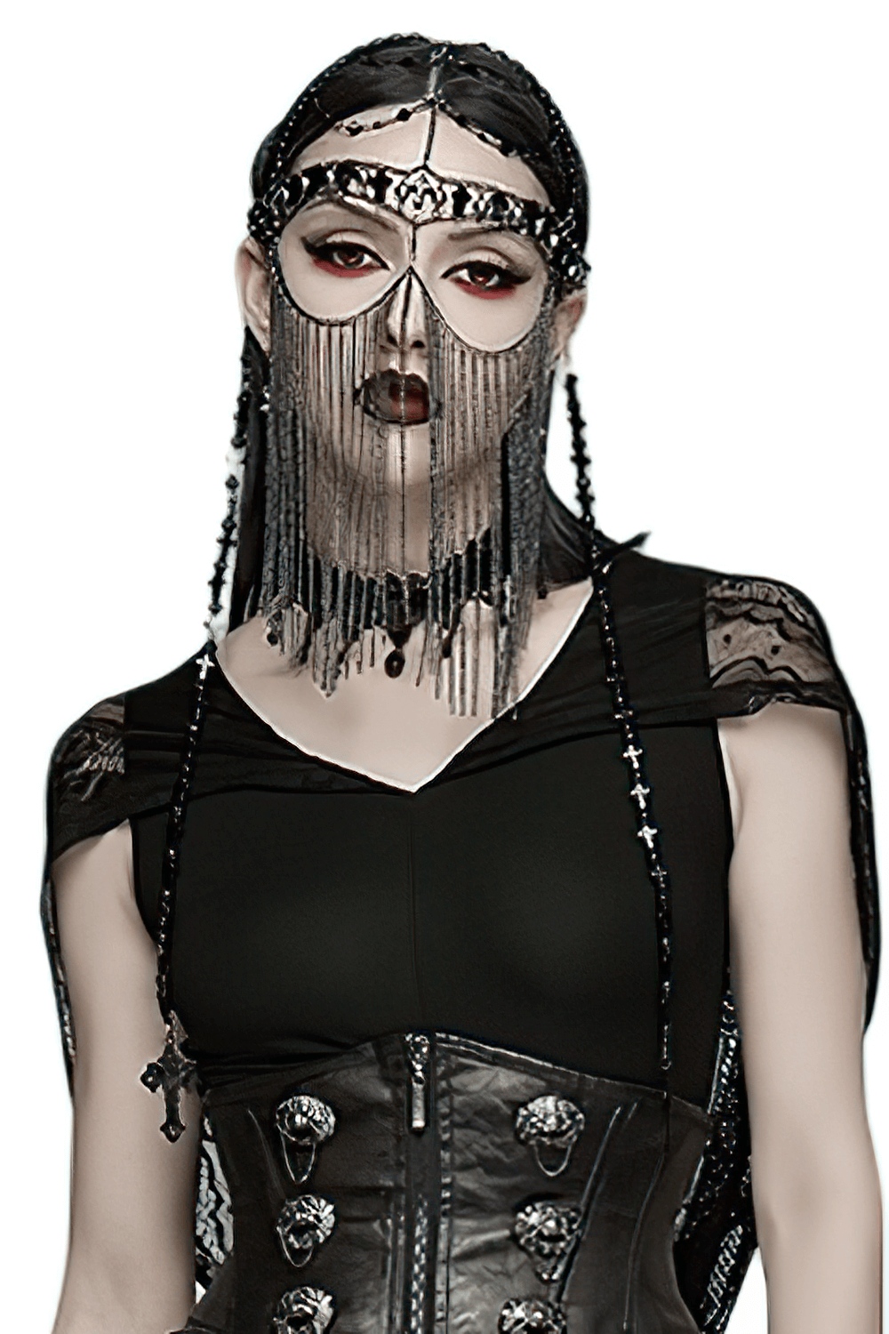 Black Gothic Cross Tassel Chain Headpiece and Face Veil