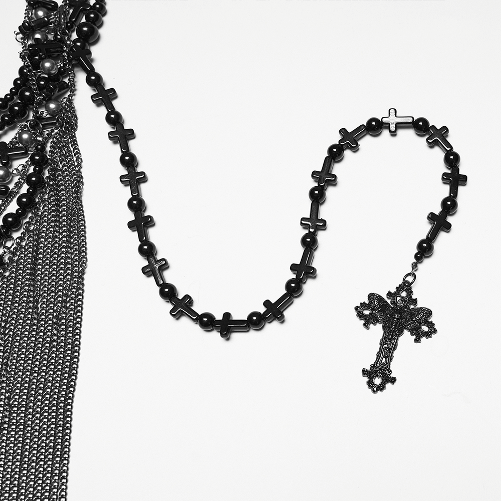 Black Gothic Cross Tassel Chain Headpiece and Face Veil