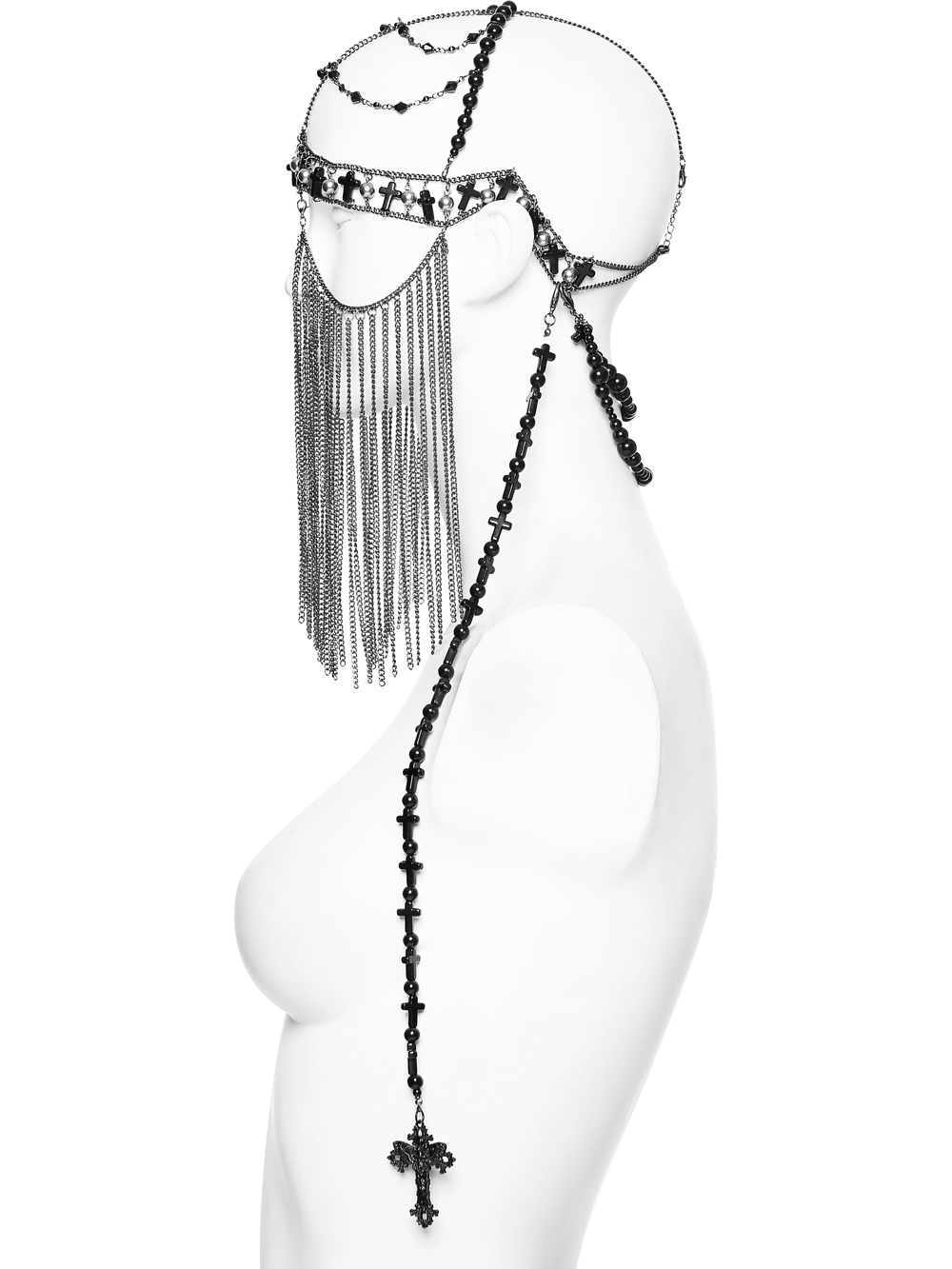 Black Gothic Cross Tassel Chain Headpiece and Face Veil