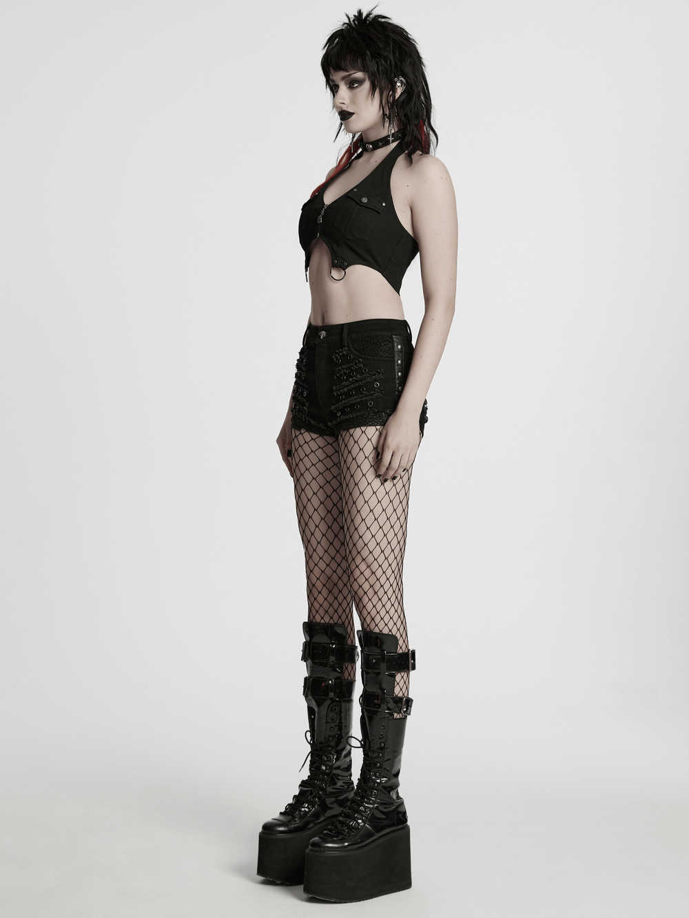 Black Gothic Distressed Denim Shorts with Eyelets