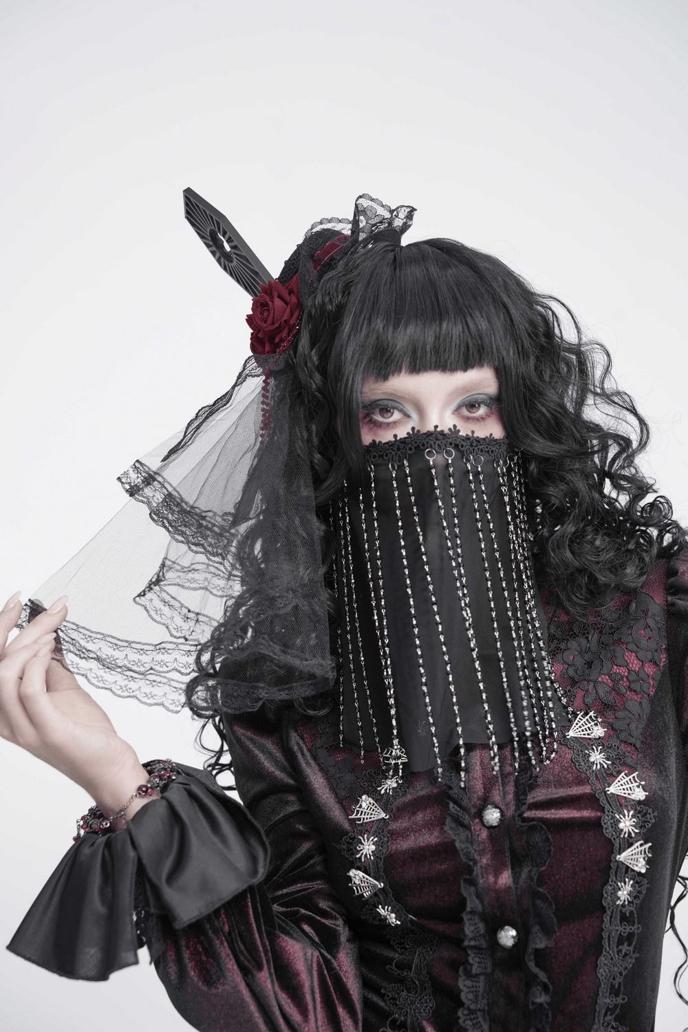 Black Gothic Face Veil Mask with Beaded Fringe