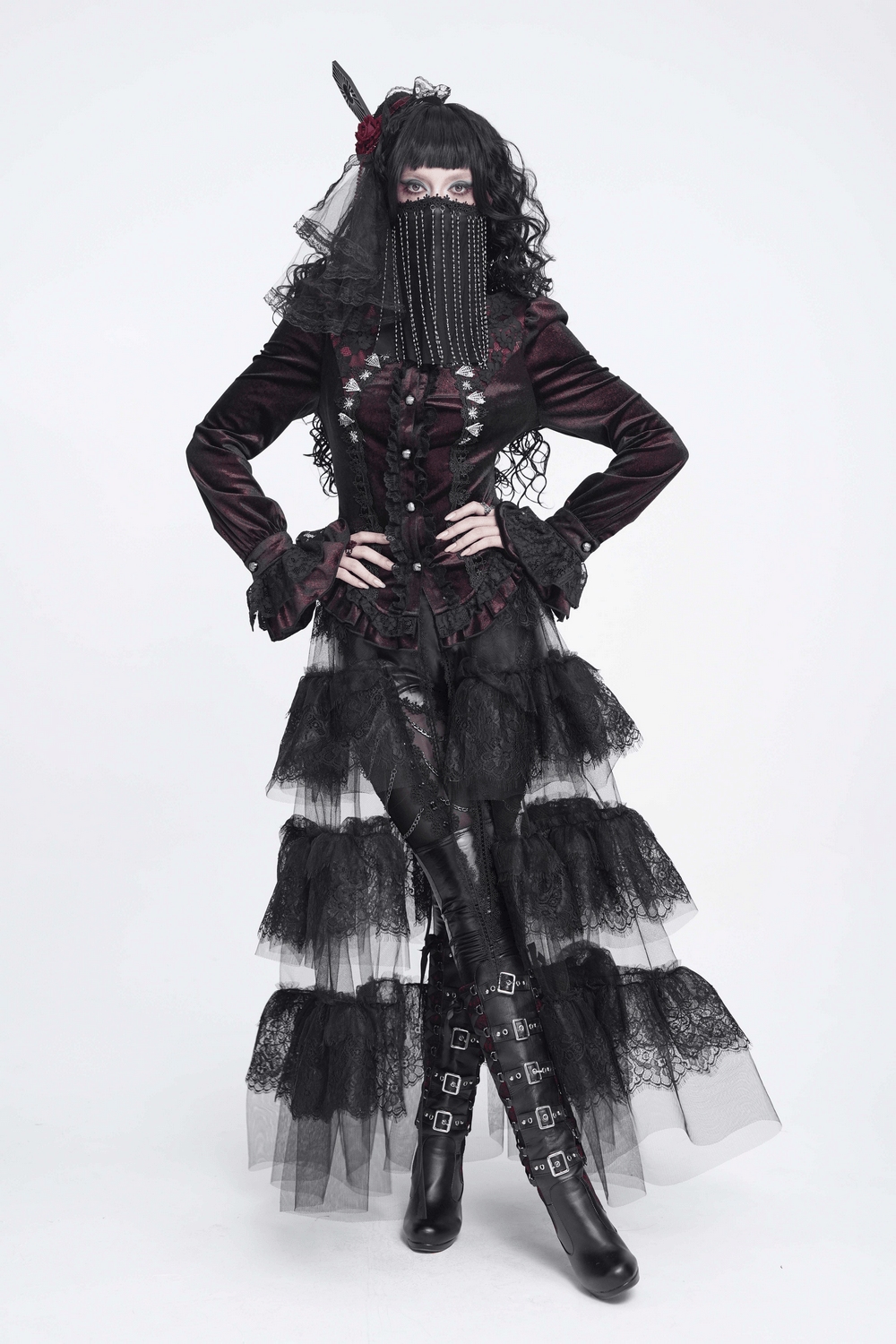 Black Gothic Face Veil Mask with Beaded Fringe